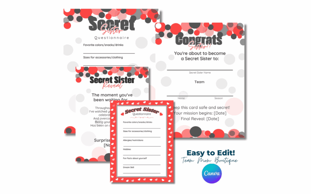 Secret Sister Template Bundle | Cheer Dance Team Sports Digital Kit | Squad Bonding Activities Girls Team Spirit | Gift Exchange