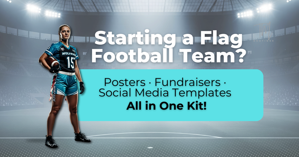 Blog Images Female flag football player in teal uniform with text overlay that says ‘Starting a Flag Football Team? Get Posters, Fundraisers, and Social Media Templates in One Kit’ – featured image for Girls Flag Football Launch Kit blog post.