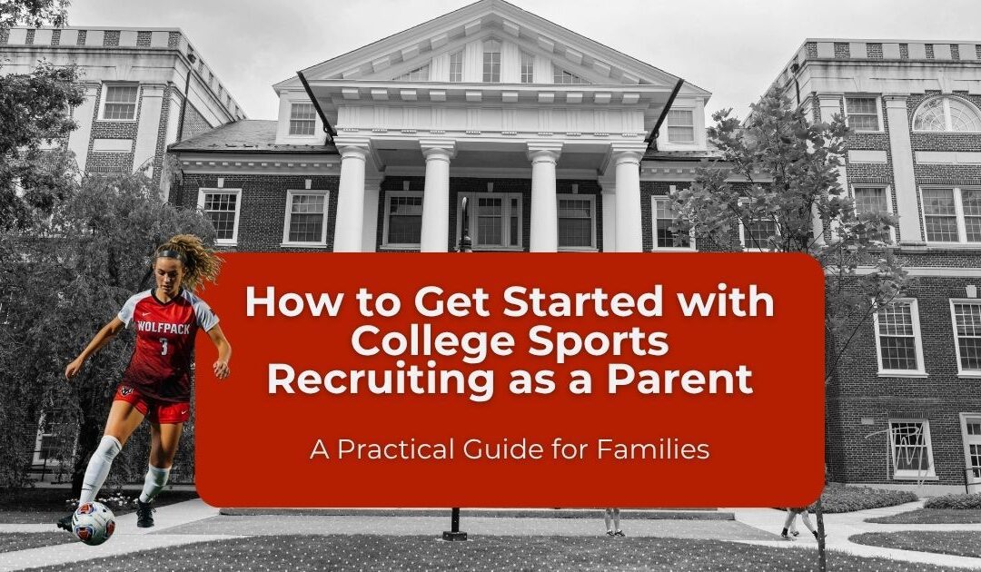 A parent supporting their student-athlete during college sports recruiting, reviewing athletic profiles and college options together.