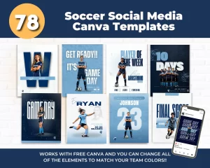 Soccer social media templates for Canva – 78 editable Instagram graphics for youth and club teams