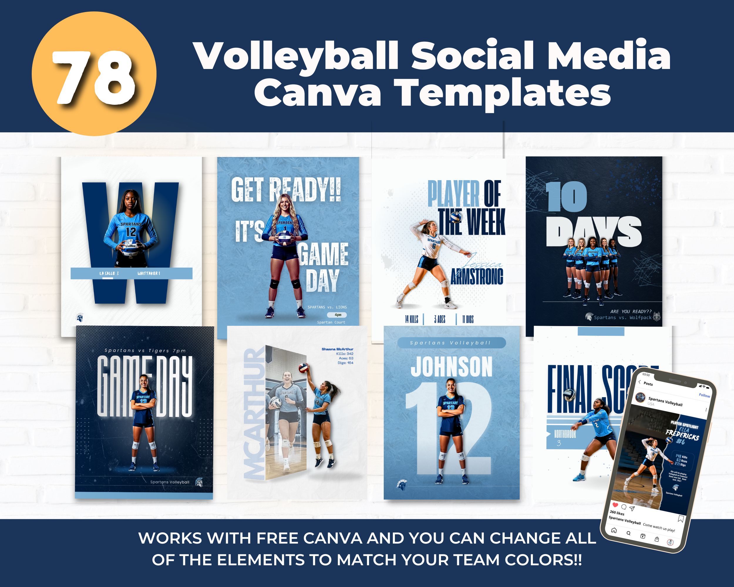 Volleyball Social Media Templates Canva bundle with 78 volleyball graphics and strategy guide