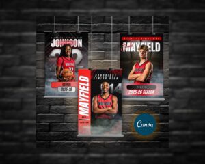 Basketball Senior Night banner templates displayed on a brick wall, featuring customizable athlete photos, names, numbers, and school colors.