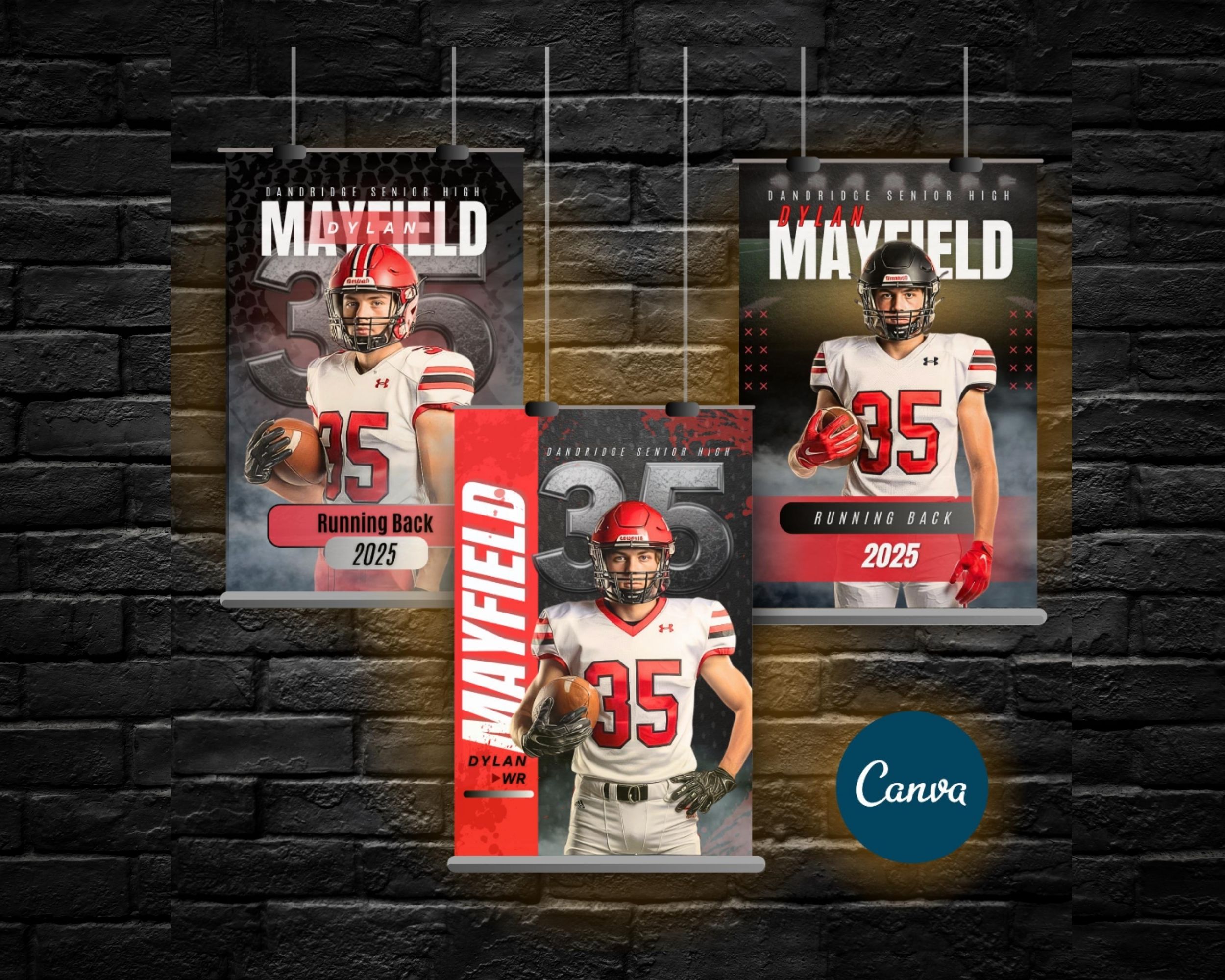 Football senior poster Canva template bundle with 3 designs in 18x24 & 24x36. Edit in free Canva and export print-ready files fast.