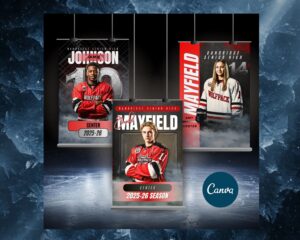 trio of hockey senior night posters Canva templates for high school teams, easy to edit hockey senior night poster Canva templates with changeable colors and text, close-up of hockey senior night poster